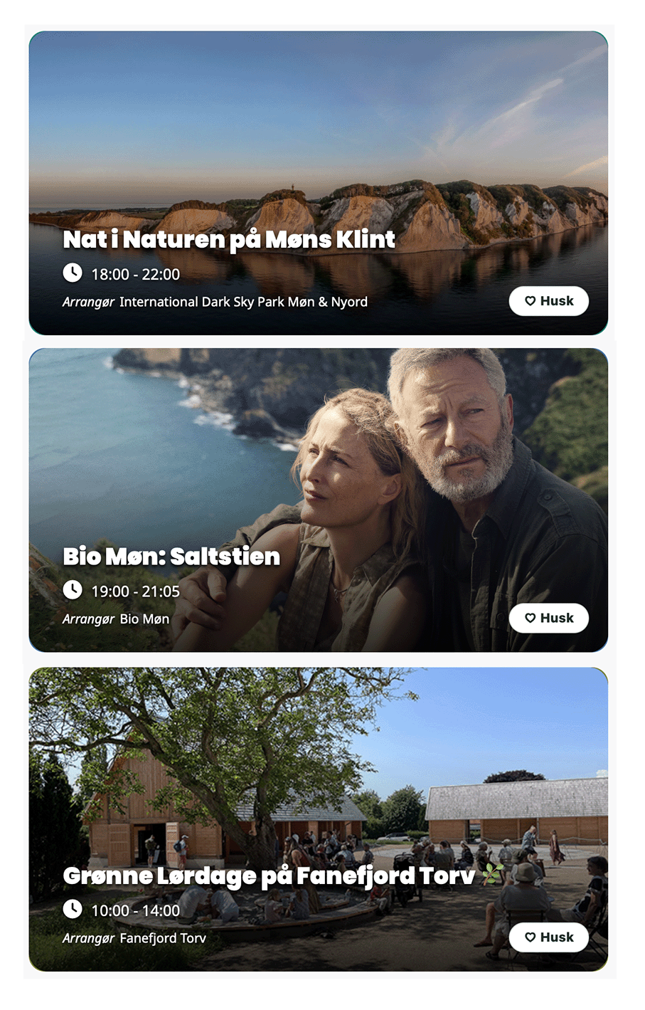 Eksempler på events i Mønu App